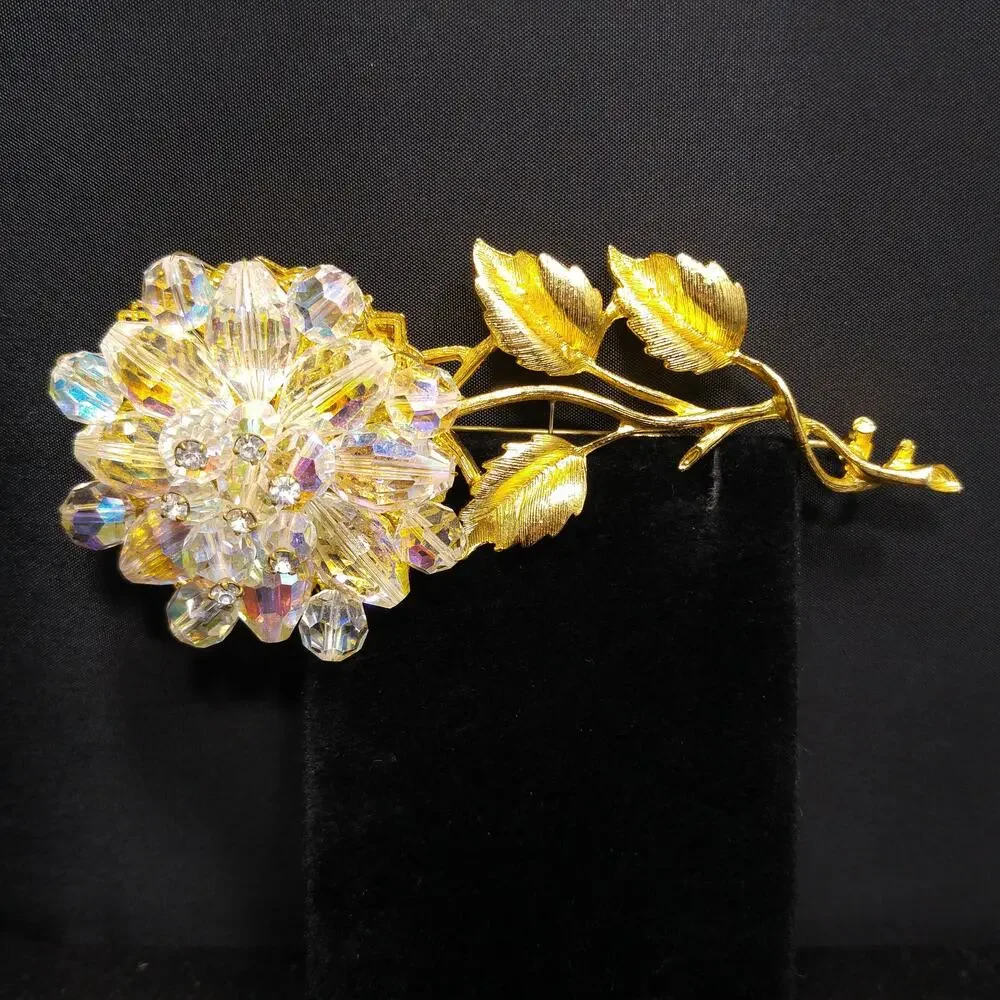 Vintage 1960s Crystal Beaded Flower Brooch, Gold Tone